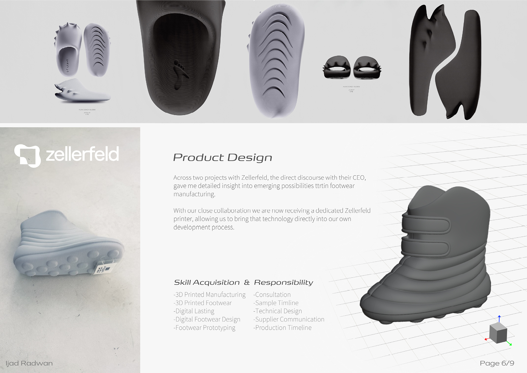 Verschiedene Ansichten und ein 3D-Modell eines modernen, gepolsterten Schuhs mit Riemen und einer strukturierten Sohle, präsentiert als Teil eines Produktdesignprojekts von Zellerfeld.

Beschreibung von KI generiert