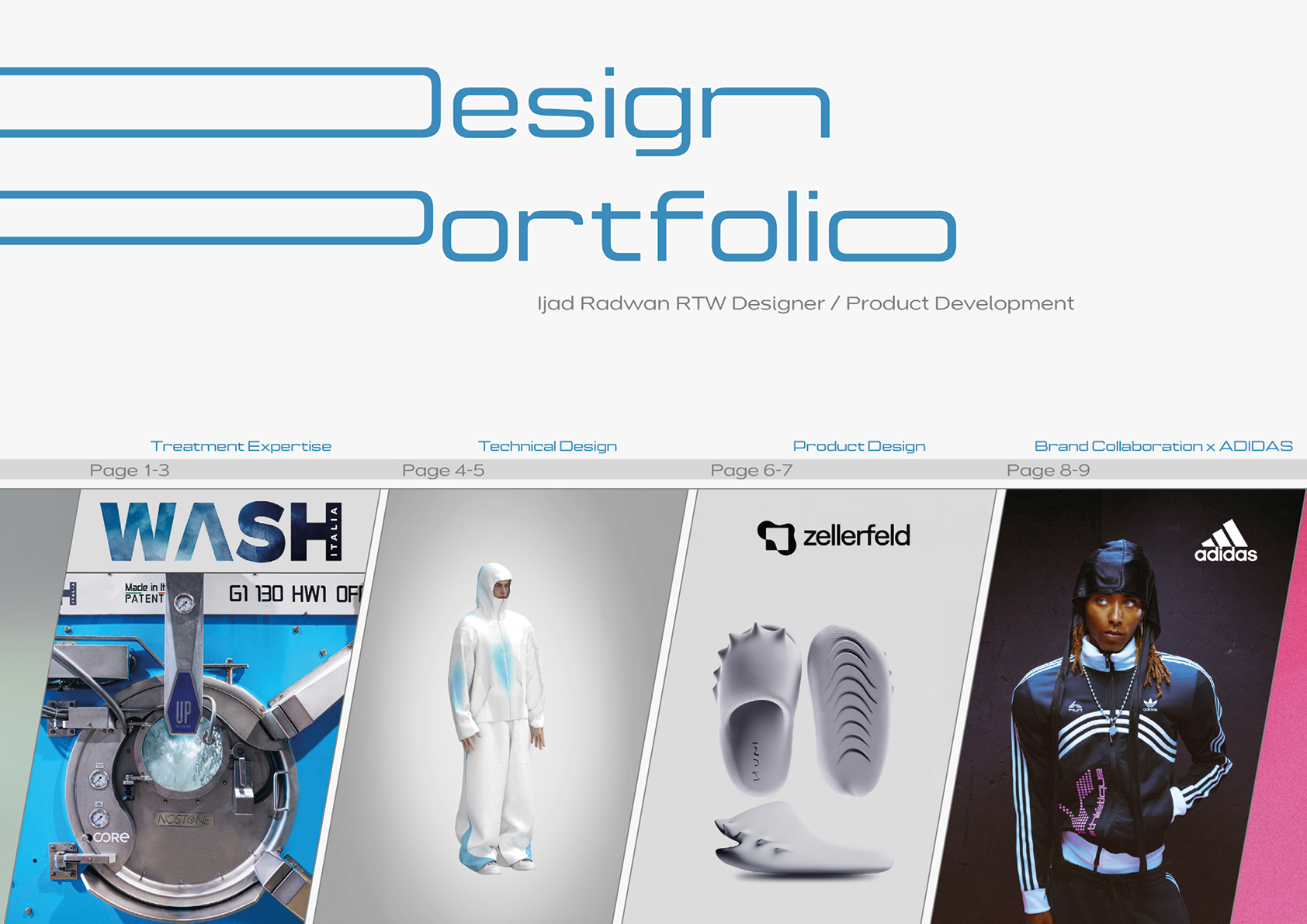 Design-Portfolio mit Bildern von technischen Geräten, einer Person in Schutzkleidung, Schuhen und einer Person in sportlicher Adidas-Kleidung vor farbigem Hintergrund.

Beschreibung von KI generiert