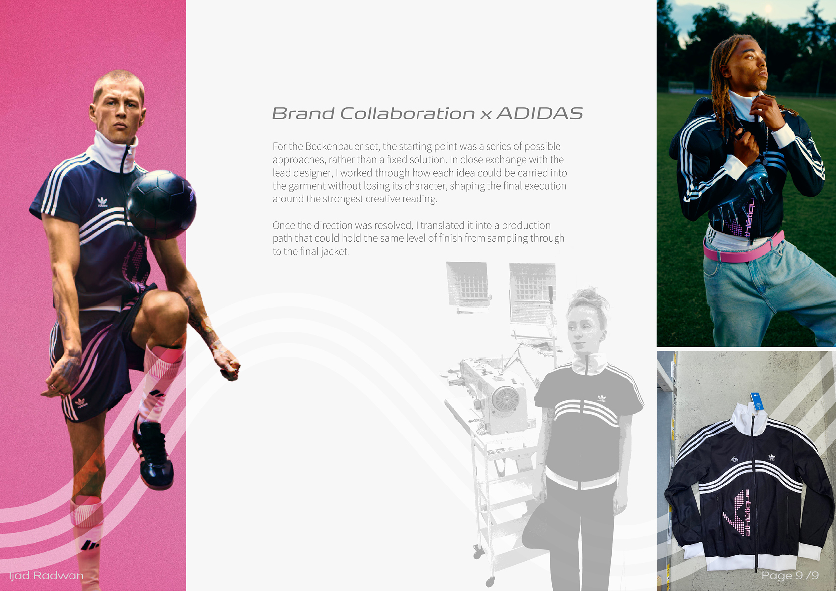 Eine Person trägt sportliche Adidas-Kleidung und hält einen Fußball, daneben sind weitere Bilder von Personen in sportlicher Kleidung und ein Adidas-Jacke zu sehen, begleitet von Text zur Markenkooperation mit Adidas.

Beschreibung von KI generiert
