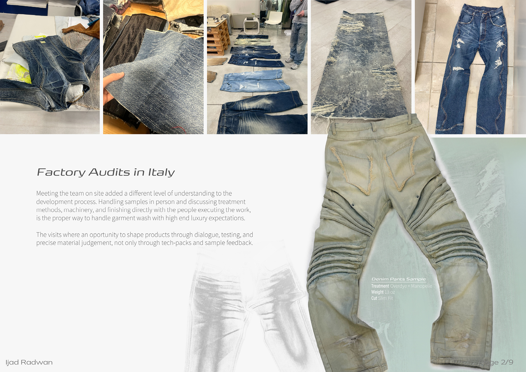 Verschiedene Jeansstoffe und Hosen sind auf einem Tisch und Boden ausgebreitet, begleitet von Text über Fabrikprüfungen in Italien.

Beschreibung von KI generiert