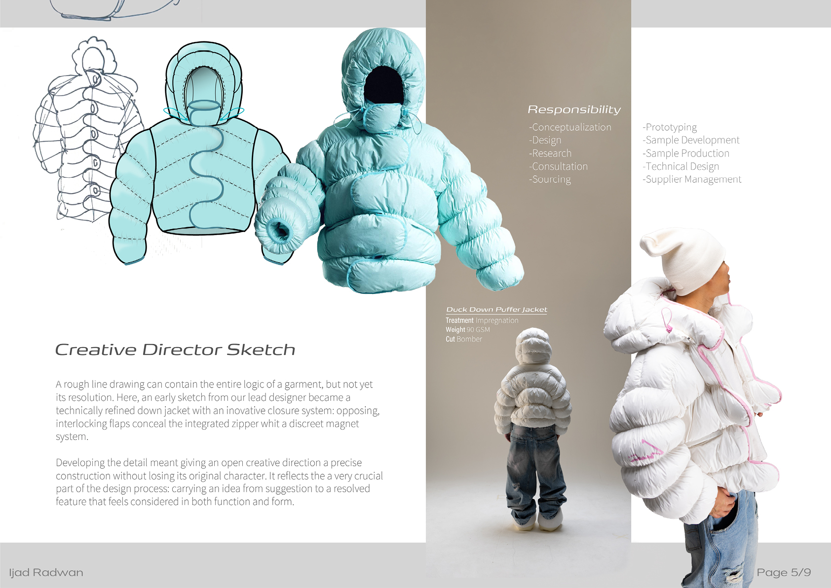 Eine Person trägt eine weiße, voluminöse Daunenjacke mit Kapuze und Mütze, daneben sind Skizzen und Entwürfe der Jacke sowie eine Rückansicht einer weiteren Person in der Jacke zu sehen.

Beschreibung von KI generiert