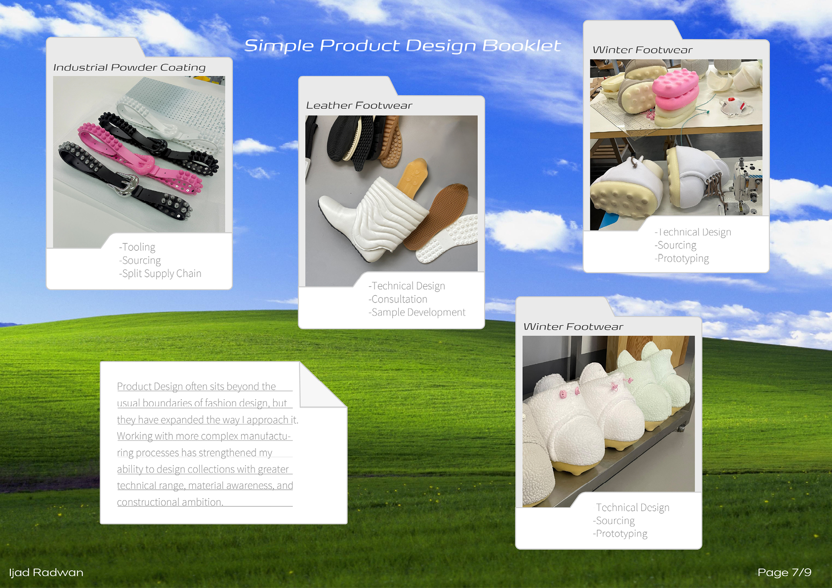 Eine Präsentation zeigt verschiedene Schuhdesigns und Materialien für industrielle Beschichtungen, Leder- und Winterfußbekleidung vor einem grünen Hügel und blauem Himmel.

Beschreibung von KI generiert